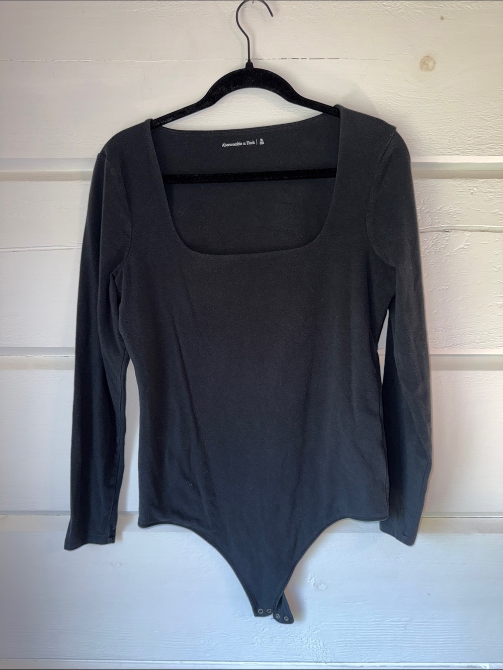 Abercrombie & Fitch Black Long-Sleeve Square Neck Bodysuit with Snap Closure